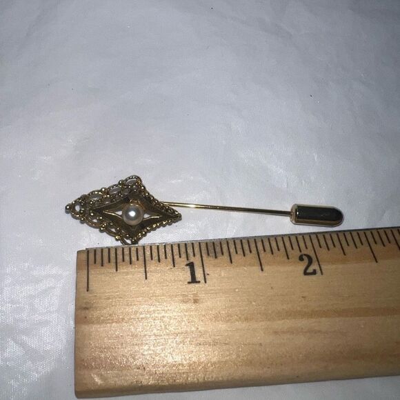 Vintage Gold Tone Art Deco Style Stick Pin With Faux Pearl - Picture 4 of 6